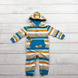 Babies R Us Baby Hooded Romper Striped Embroiderer Animals 12 Months